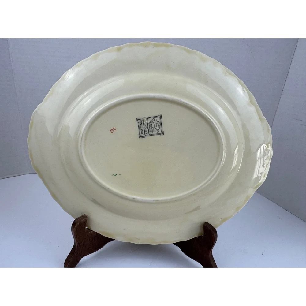 Grindley England Vintage Oval Serving Platter Floral Green Gold Scalloped 11.5